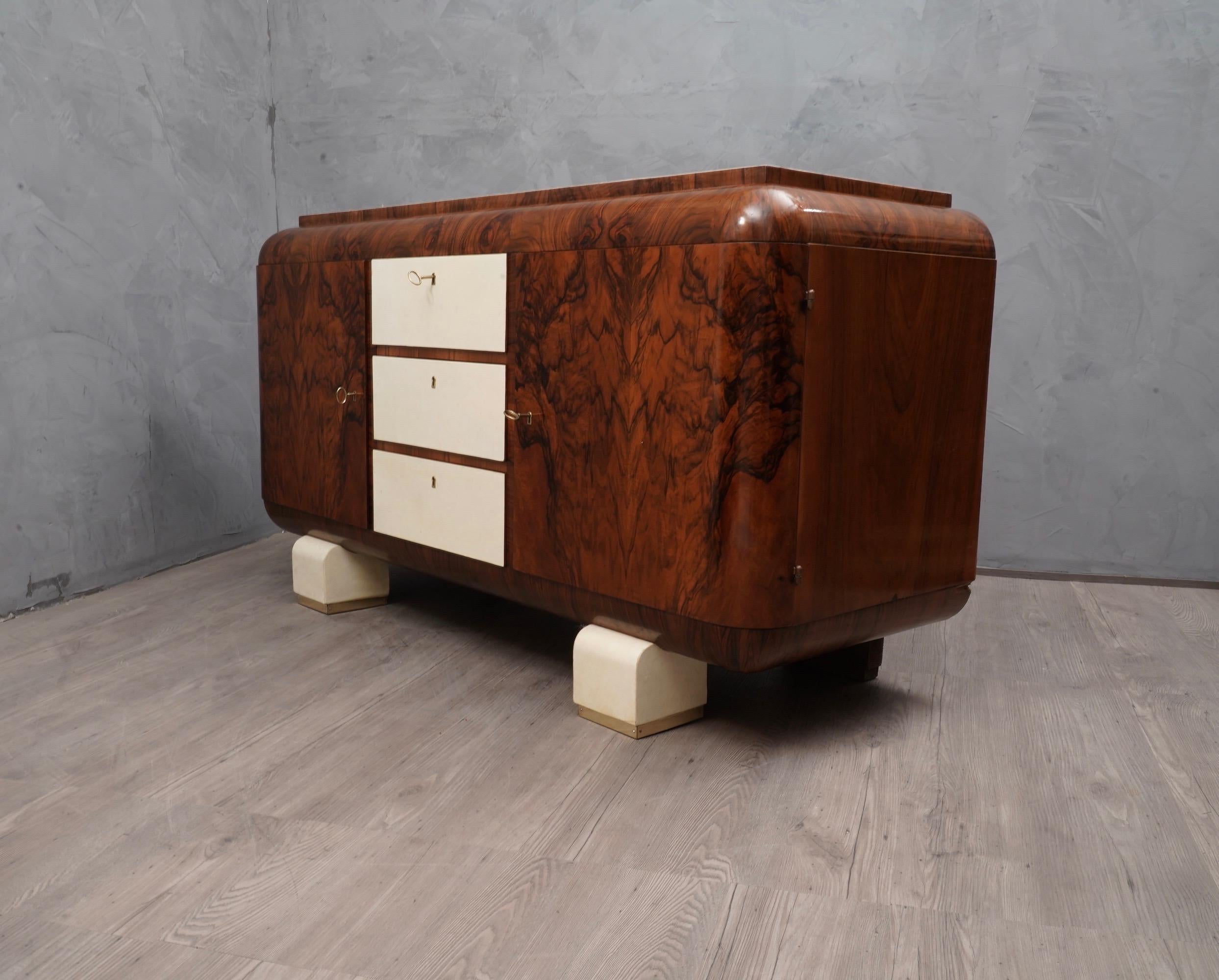 Art Deco Walnut Goatskin and Brass Italian Sideboard, 1930 6