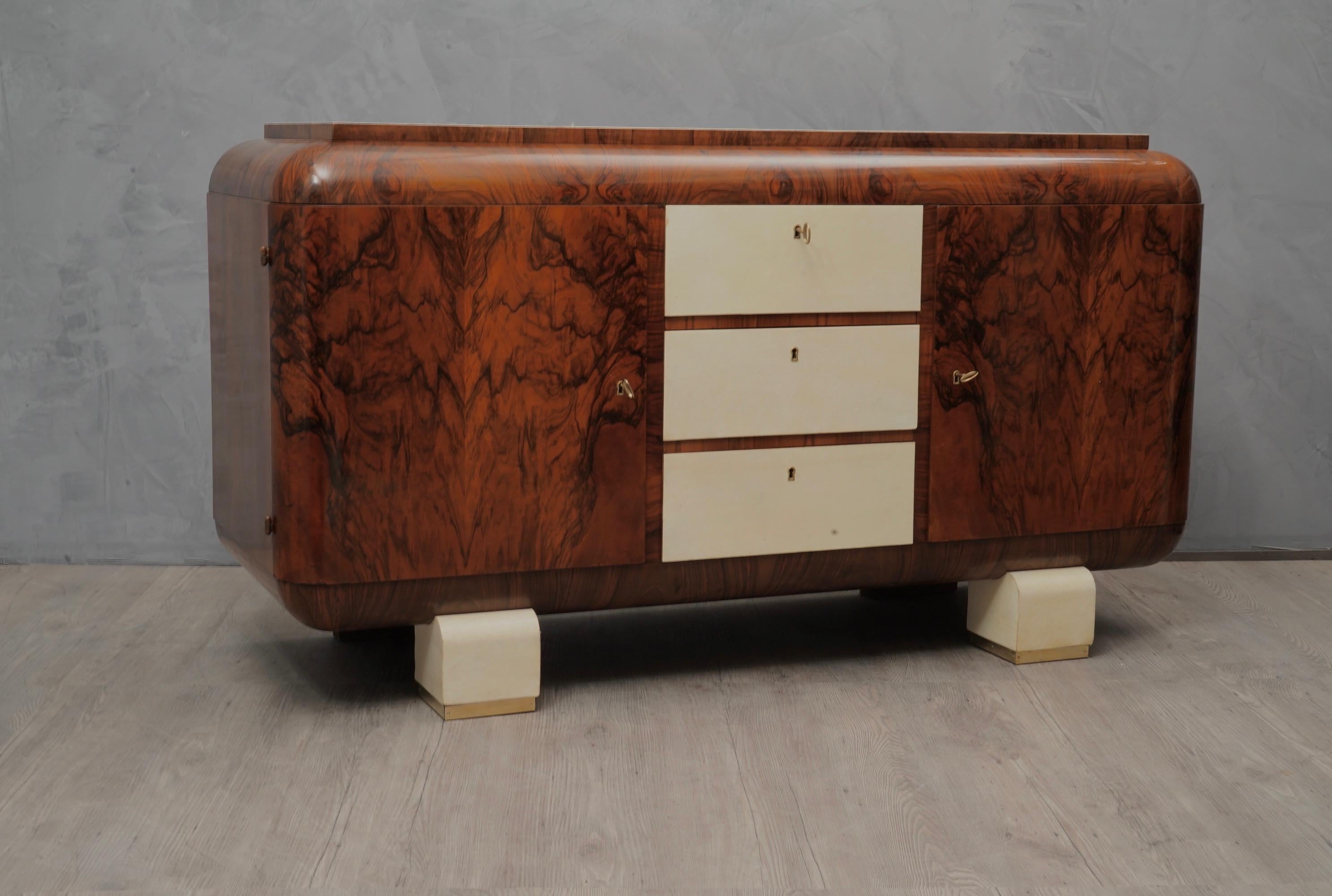 Art Deco Walnut Goatskin and Brass Italian Sideboard, 1930 4