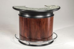 Art Deco Walnut Green Marble-Top Bar Cabinet and Black Leather Stools, 1930s