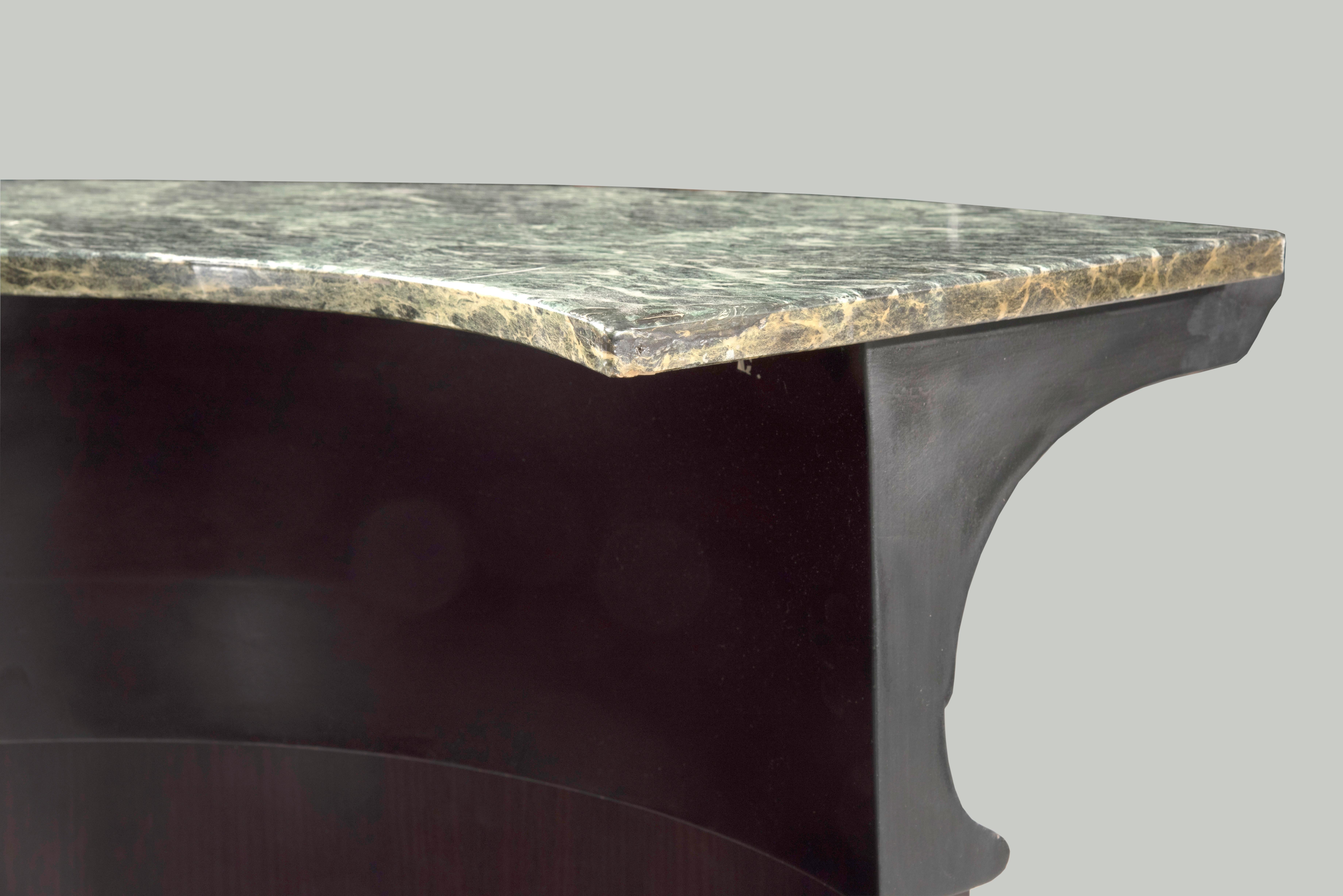 Art Deco Walnut Green Marble-Top Bar Cabinet and Black Leather Stools, 1930s 2