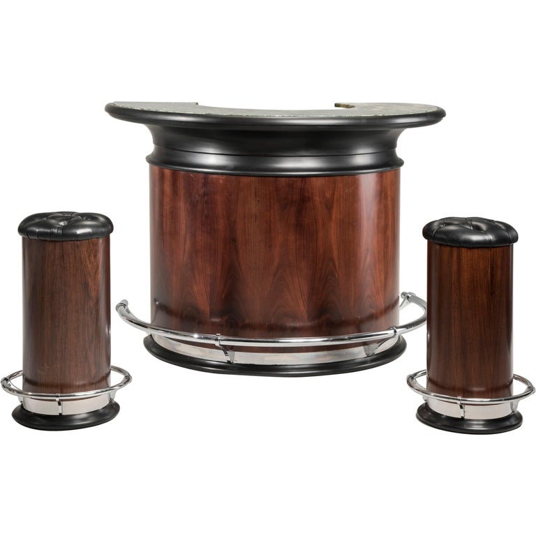 Art Deco Walnut Green Marble Top Bar Cabinet And Black Leather