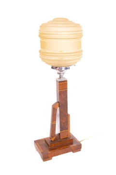 Lampada da tavolo e paralume in noce e intarsi Art Deco