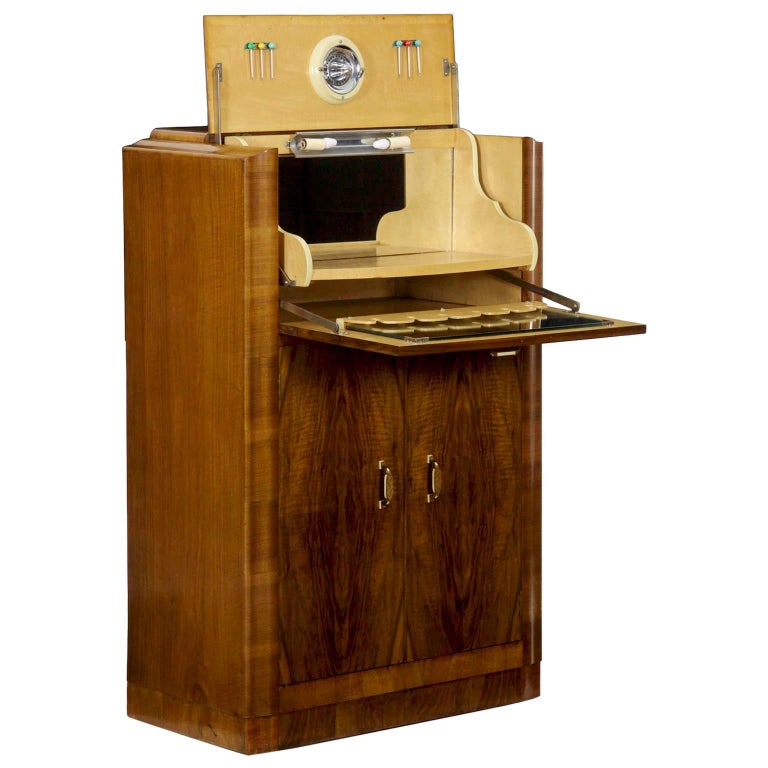 Art Deco Walnut Lighted Antique Bar with Wine Storage, circa 19201940 For Sale at