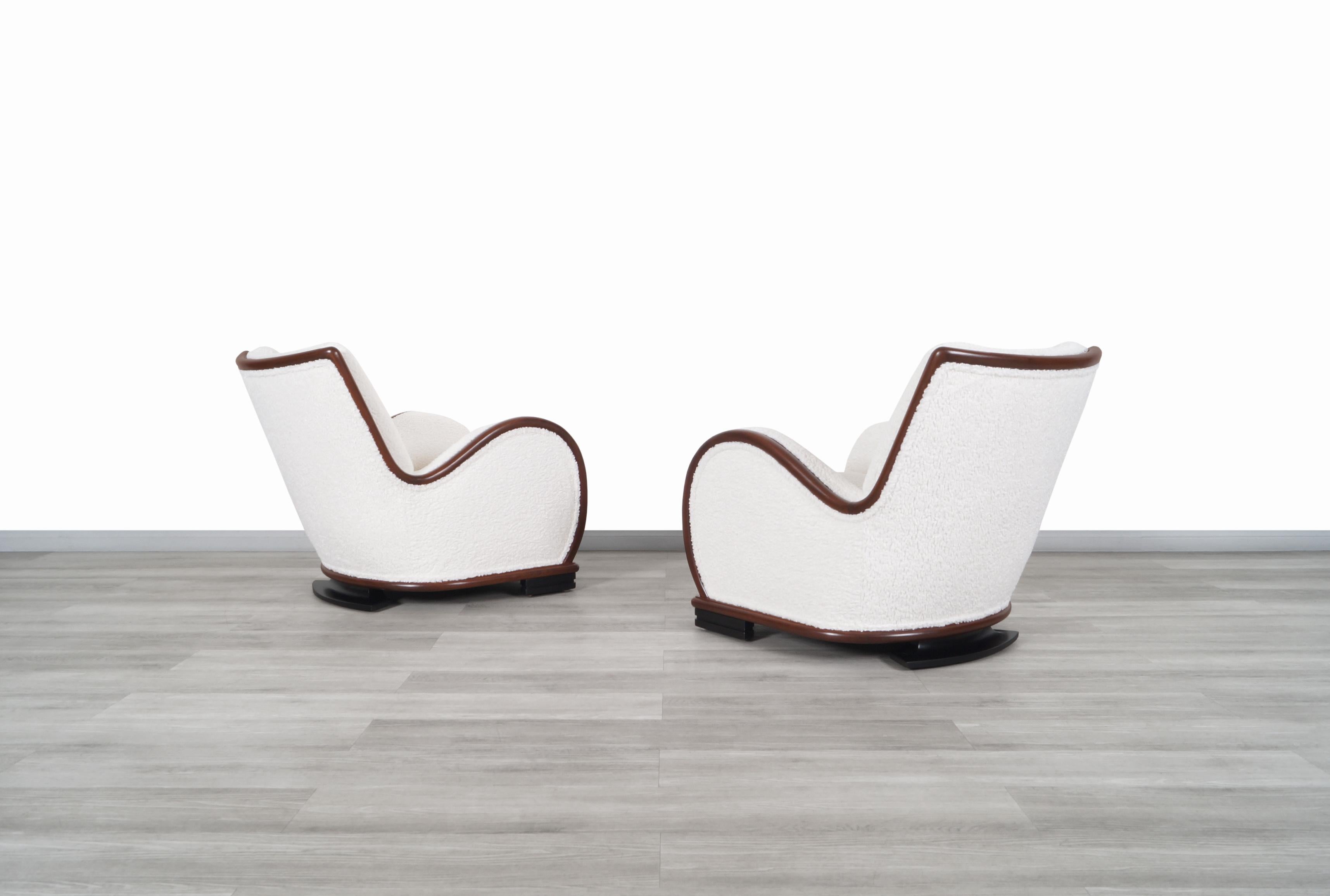 American Art Deco Walnut Lounge Chairs in Boucle For Sale