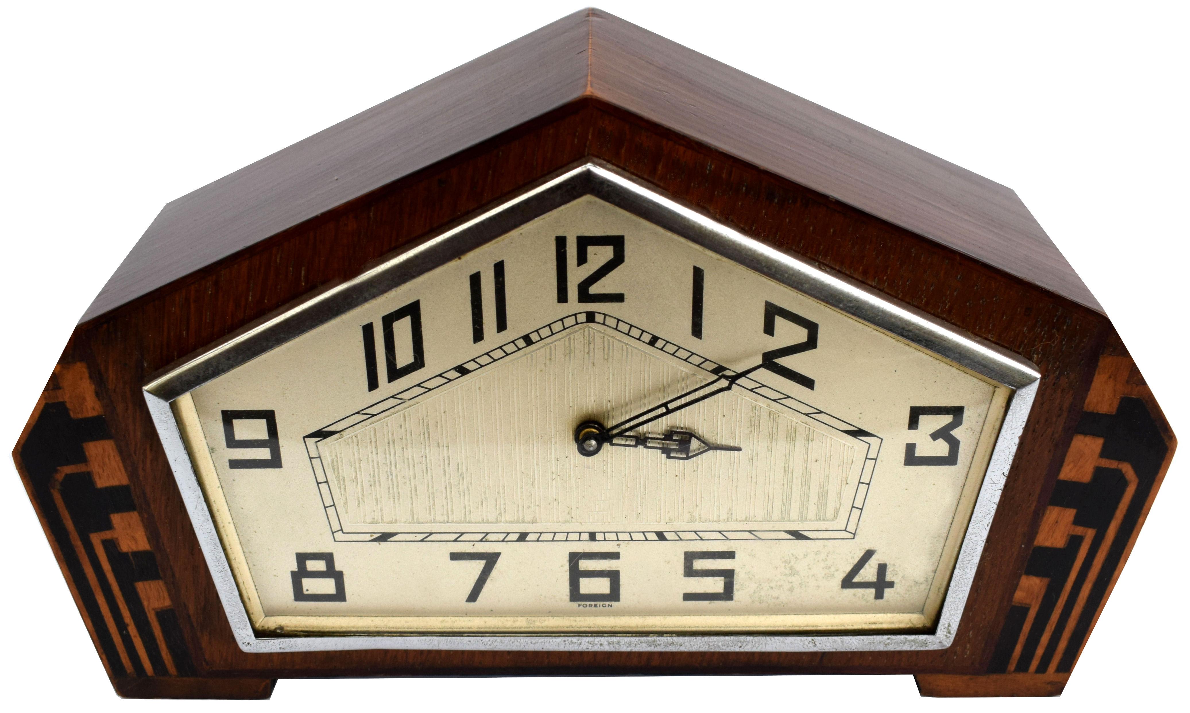 English Art Deco Walnut Mantle Clock, England, c1930s