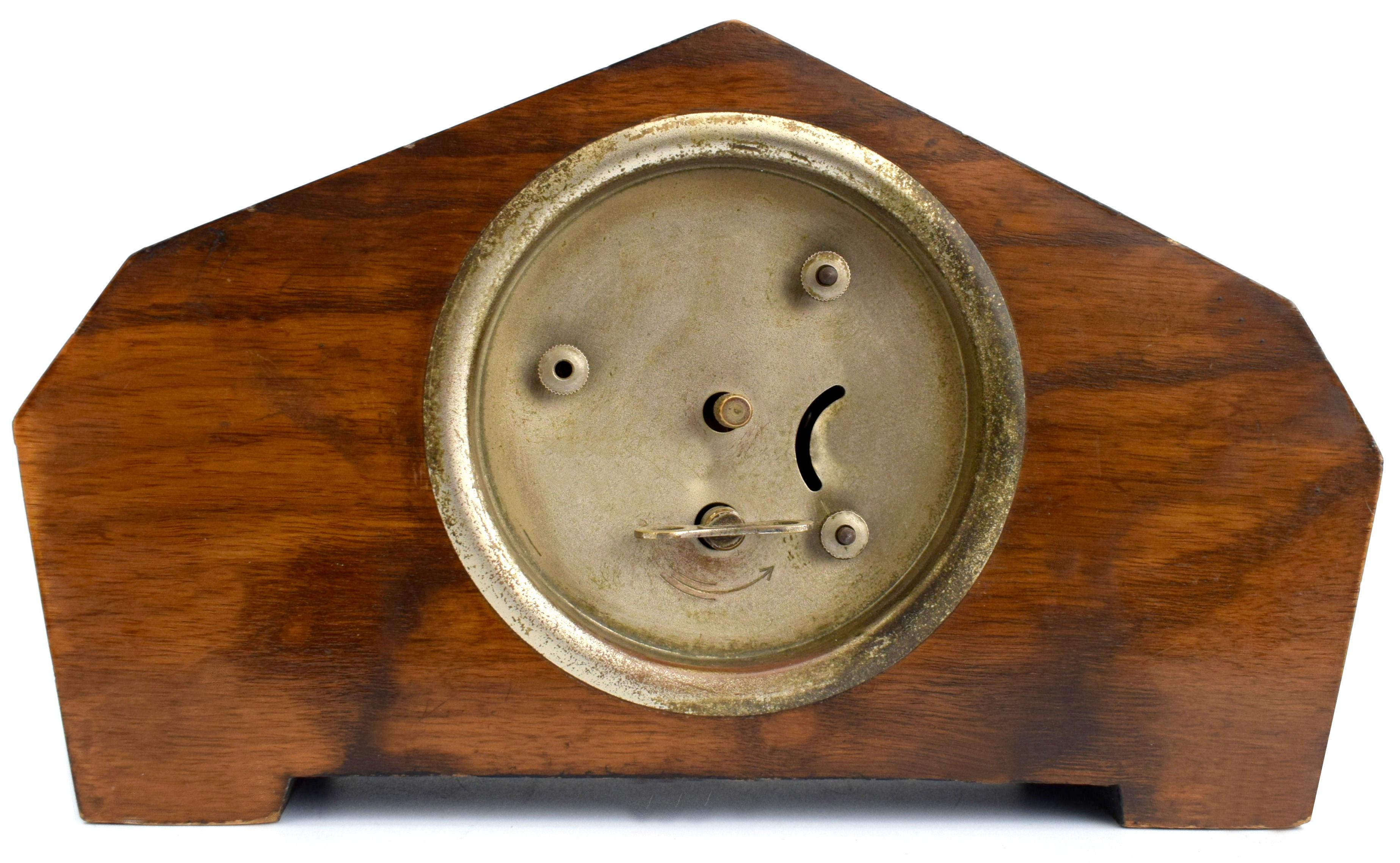 Art Deco Walnut Mantle Clock, England, c1930s 1