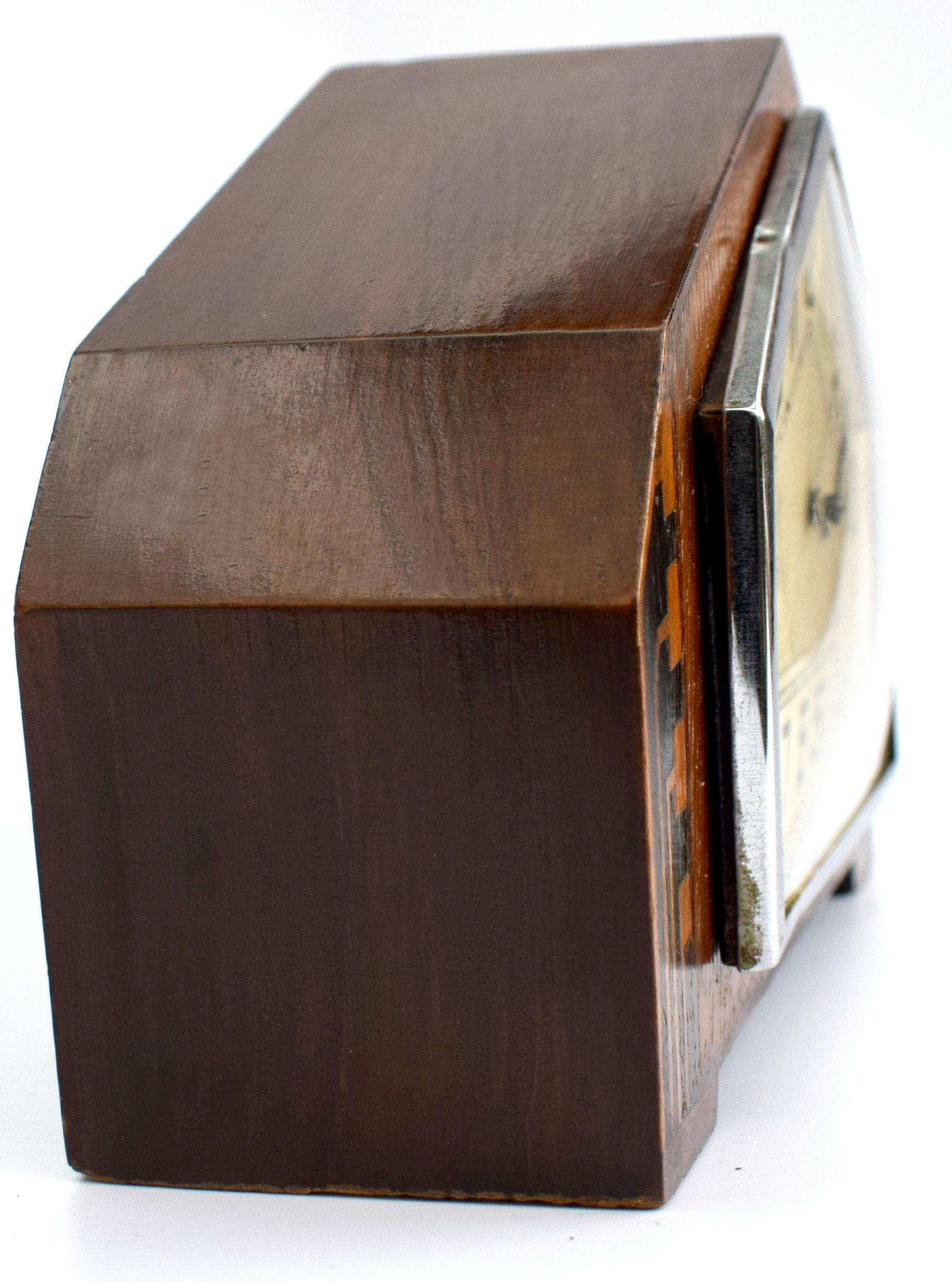 Art Deco Walnut Mantle Clock, England, c1930s 3