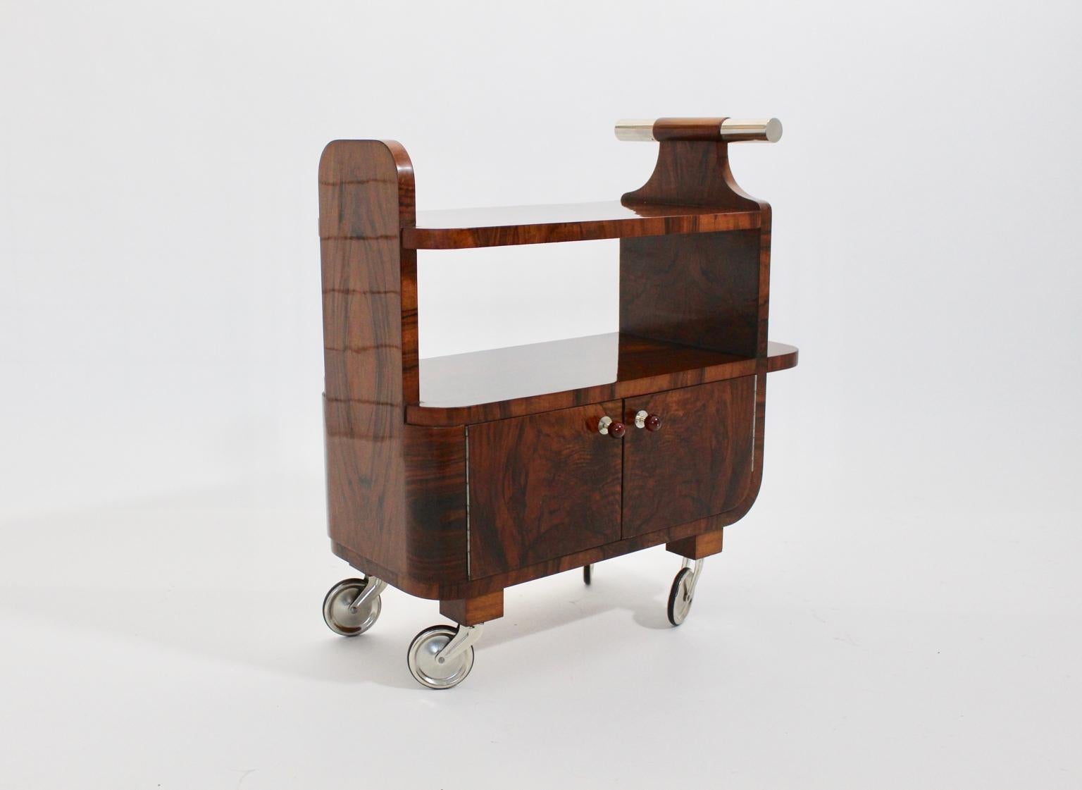 Austrian Art Deco Walnut Nickel Vintage Bar Cart Side Table, Vienna, circa 1930