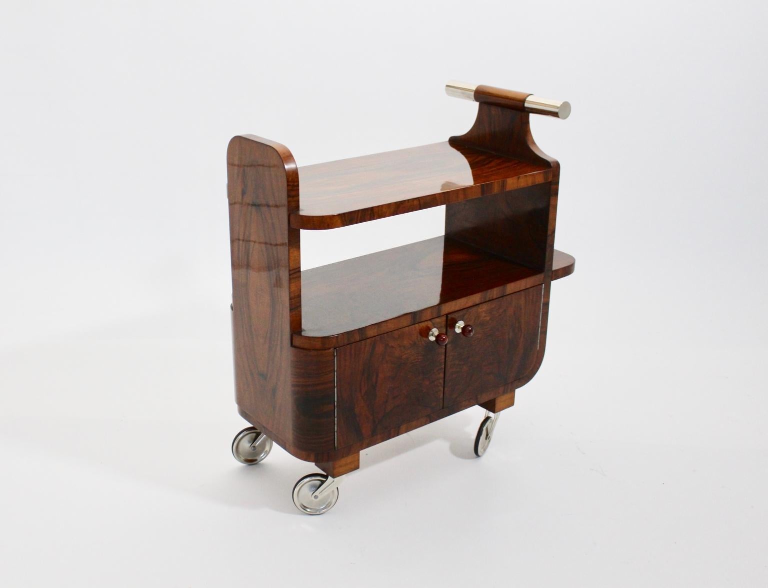 Veneer Art Deco Walnut Nickel Vintage Bar Cart Side Table, Vienna, circa 1930