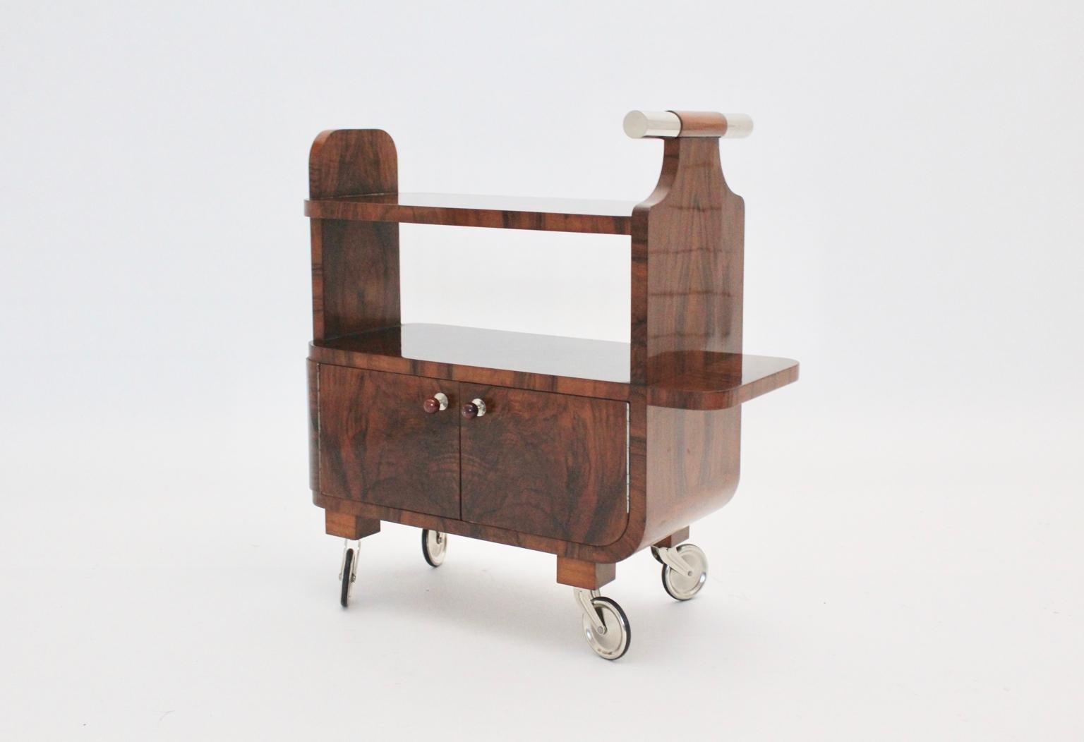 Art Deco Walnut Nickel Vintage Bar Cart Side Table, Vienna, circa 1930 1