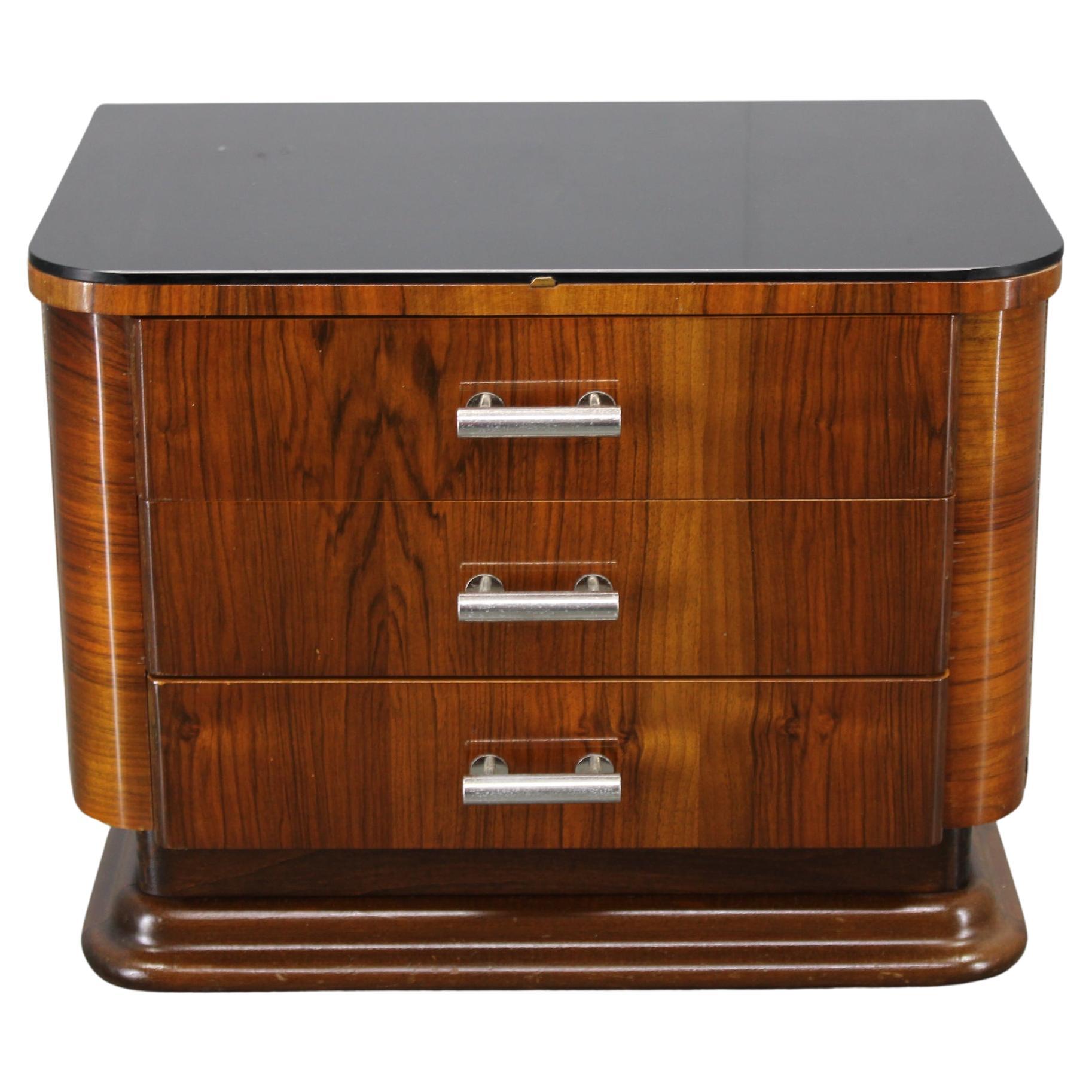 Art Deco Walnut Nightstand with Black Opaxite Glass, Czechoslovakia 1930s For Sale