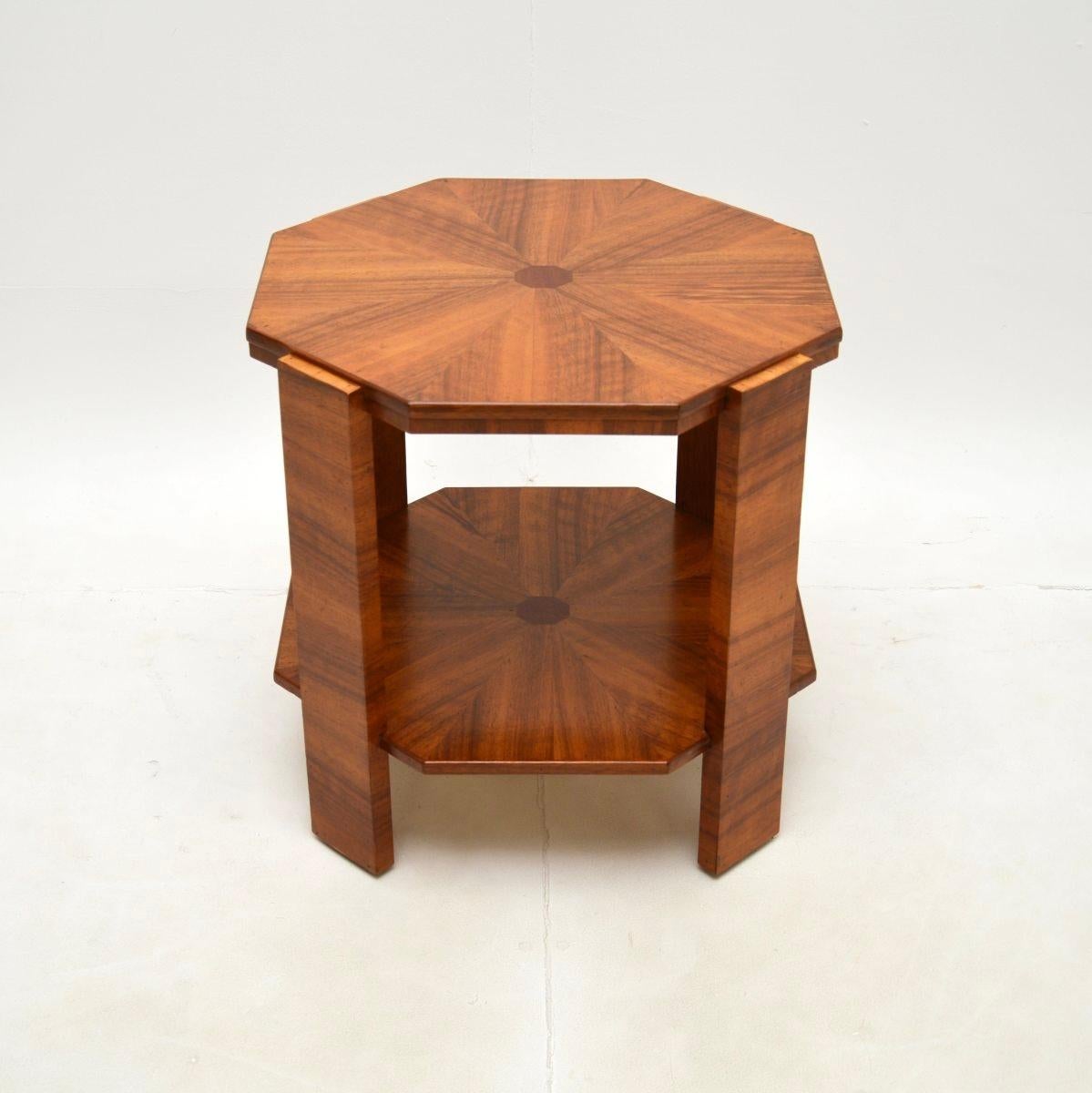 A beautiful and stylish Art Deco walnut occasional coffee / side table. This was made in England, it dates from the 1920-30’s.

It is of superb quality, this is very well made and has a useful design. It is a handy size, with two very practical
