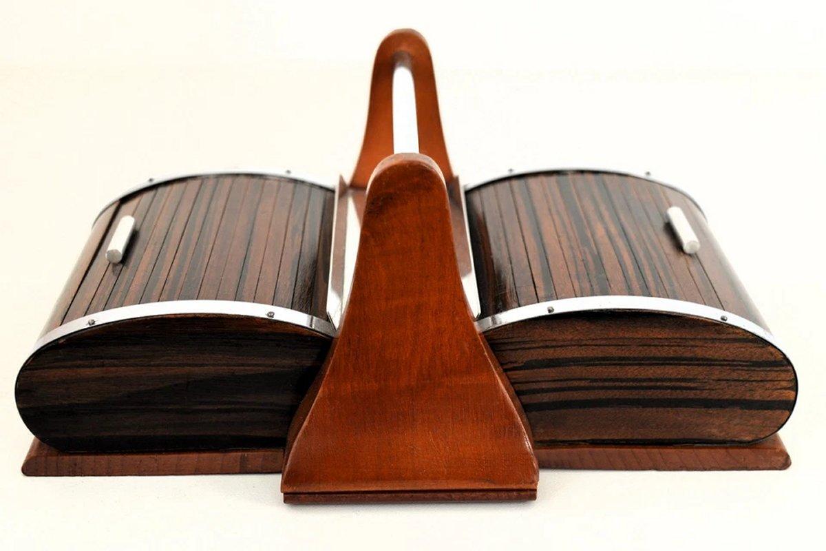 Art Deco Walnut Roll Top Cigar Cady With Chrome Trim, French, c1930 For Sale 6