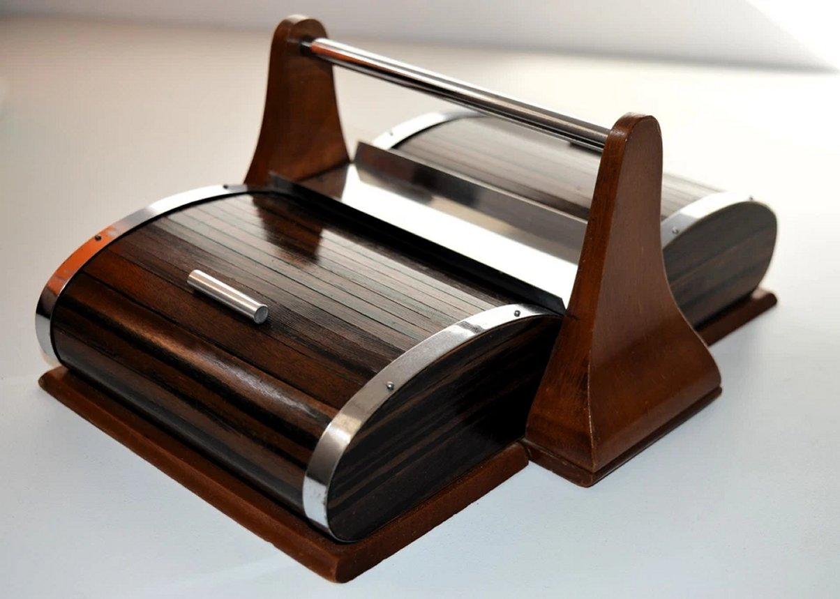 Art Deco Walnut Roll Top Cigar Cady With Chrome Trim, French, c1930 In Good Condition For Sale In Devon, England