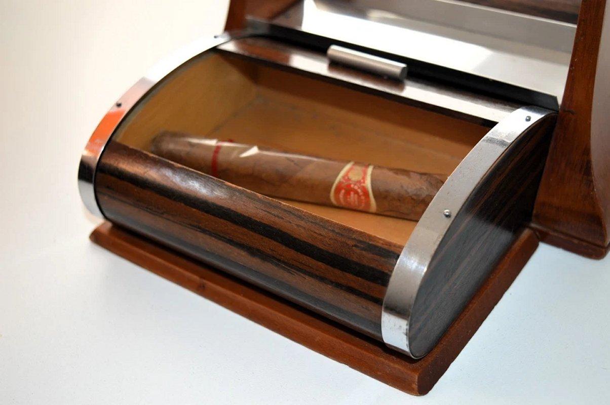 20th Century Art Deco Walnut Roll Top Cigar Cady With Chrome Trim, French, c1930 For Sale