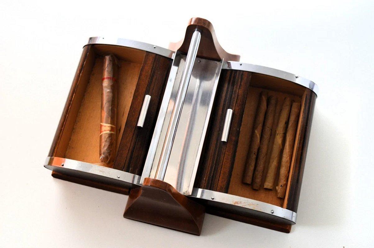 Art Deco Walnut Roll Top Cigar Cady With Chrome Trim, French, c1930 For Sale 1