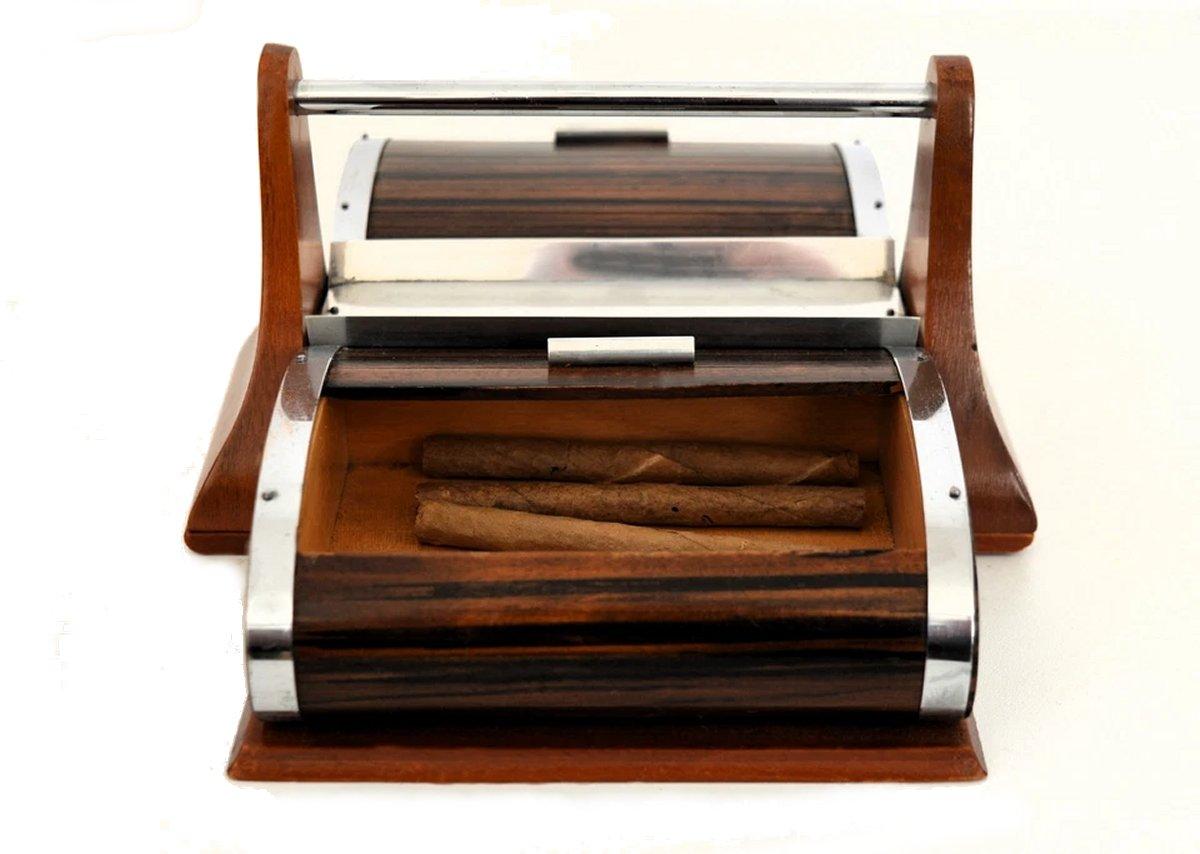 Art Deco Walnut Roll Top Cigar Cady With Chrome Trim, French, c1930 For Sale 3