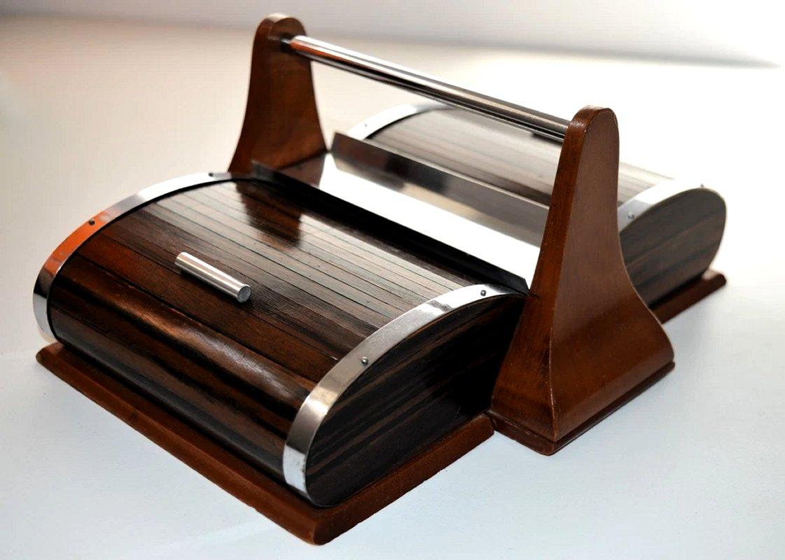 Art Deco Walnut Roll Top Cigar Cady With Chrome Trim, French, c1930 For Sale 5