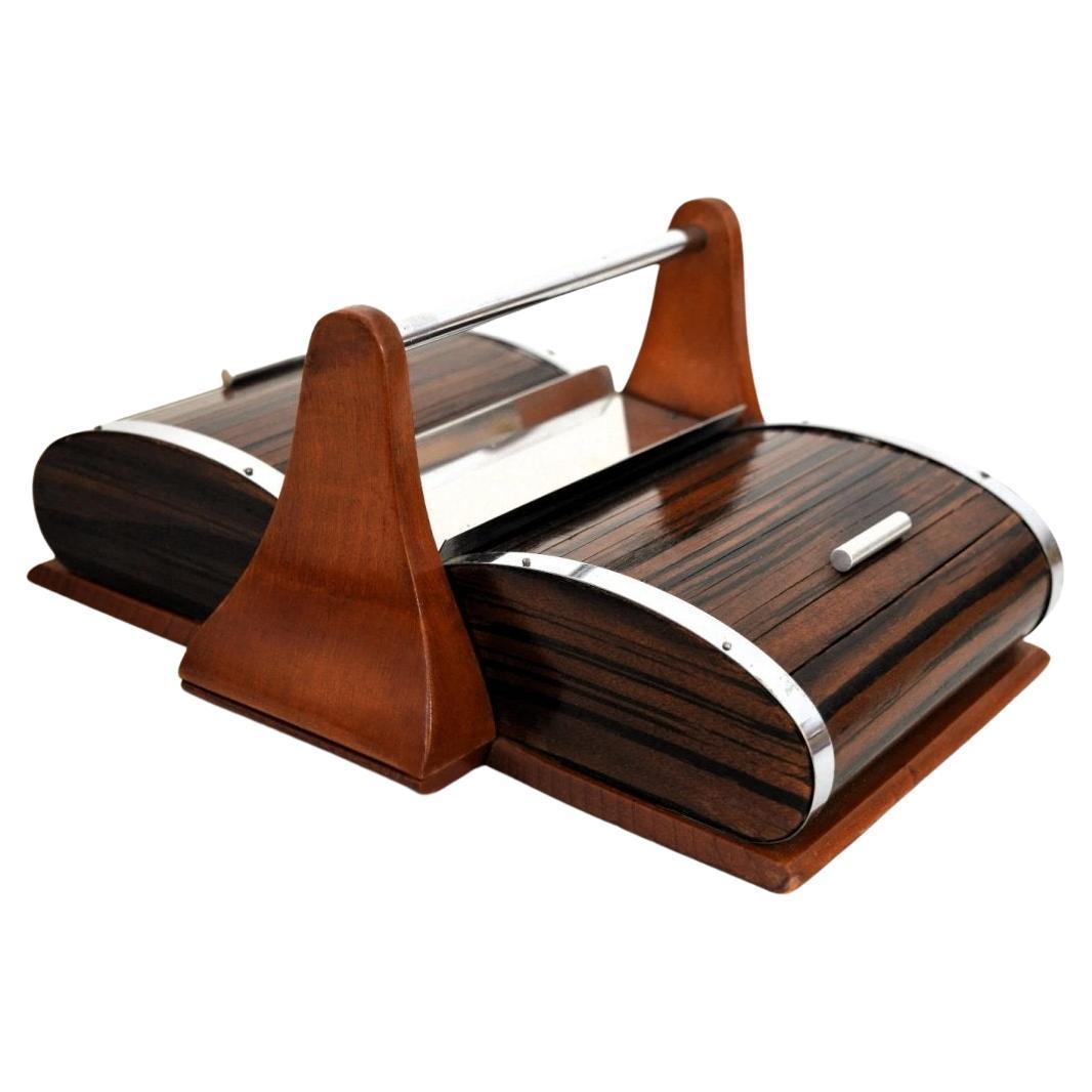 Art Deco Walnut Roll Top Cigar Cady With Chrome Trim, French, c1930 For Sale