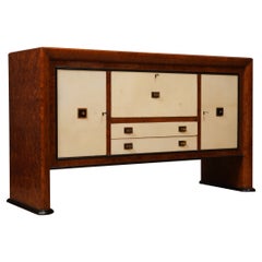 Art Deco Walnut Root Goatskin and Brass Italian Sideboard, 1940
