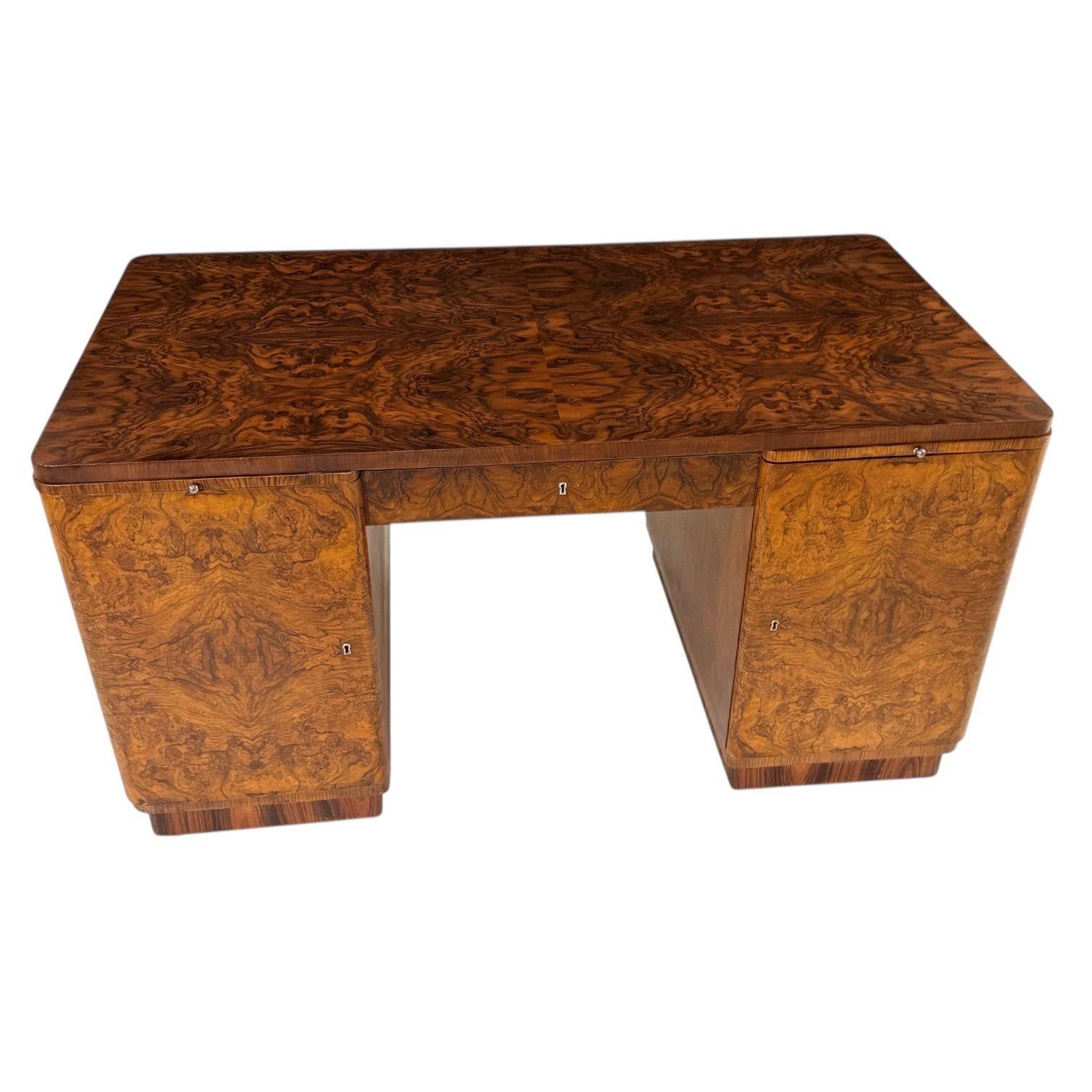 Art Deco Walnut Rosewood Burl Wood Desk, 1930 (Art déco) im Angebot