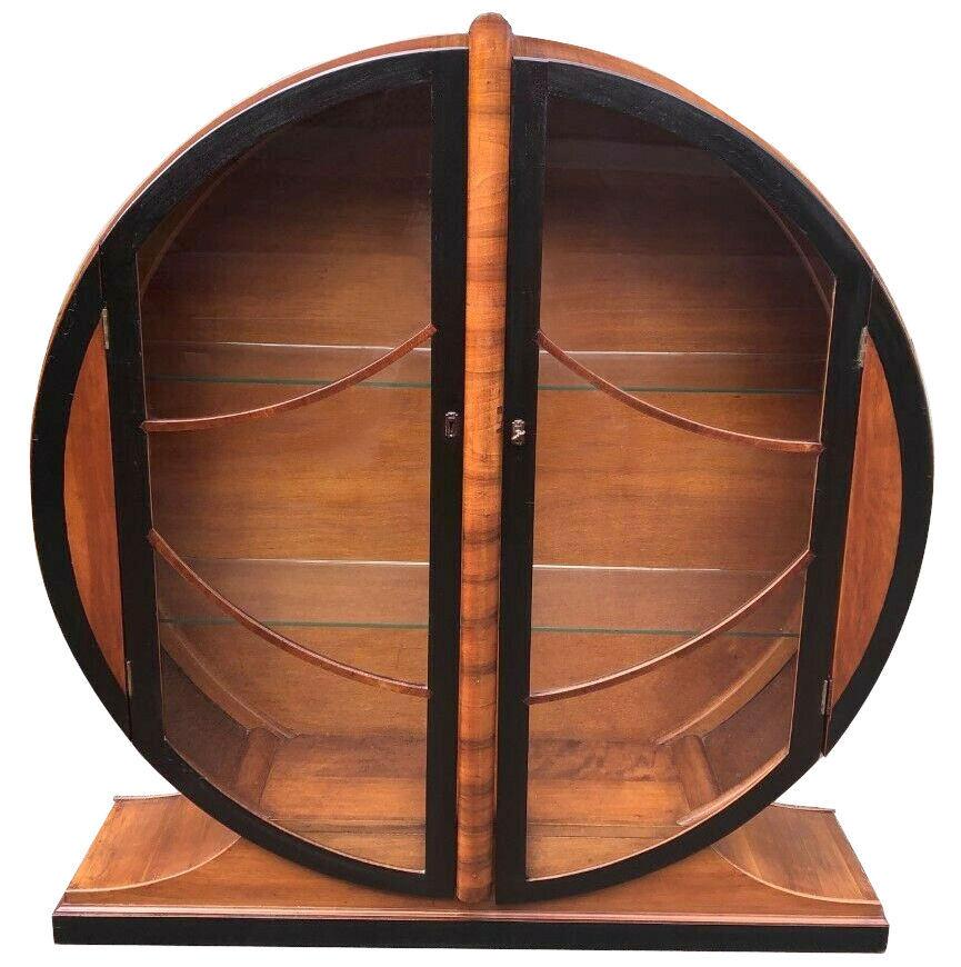 20th Century Art Deco Walnut Round Vitrine Display Cabinet, England, 1930's
