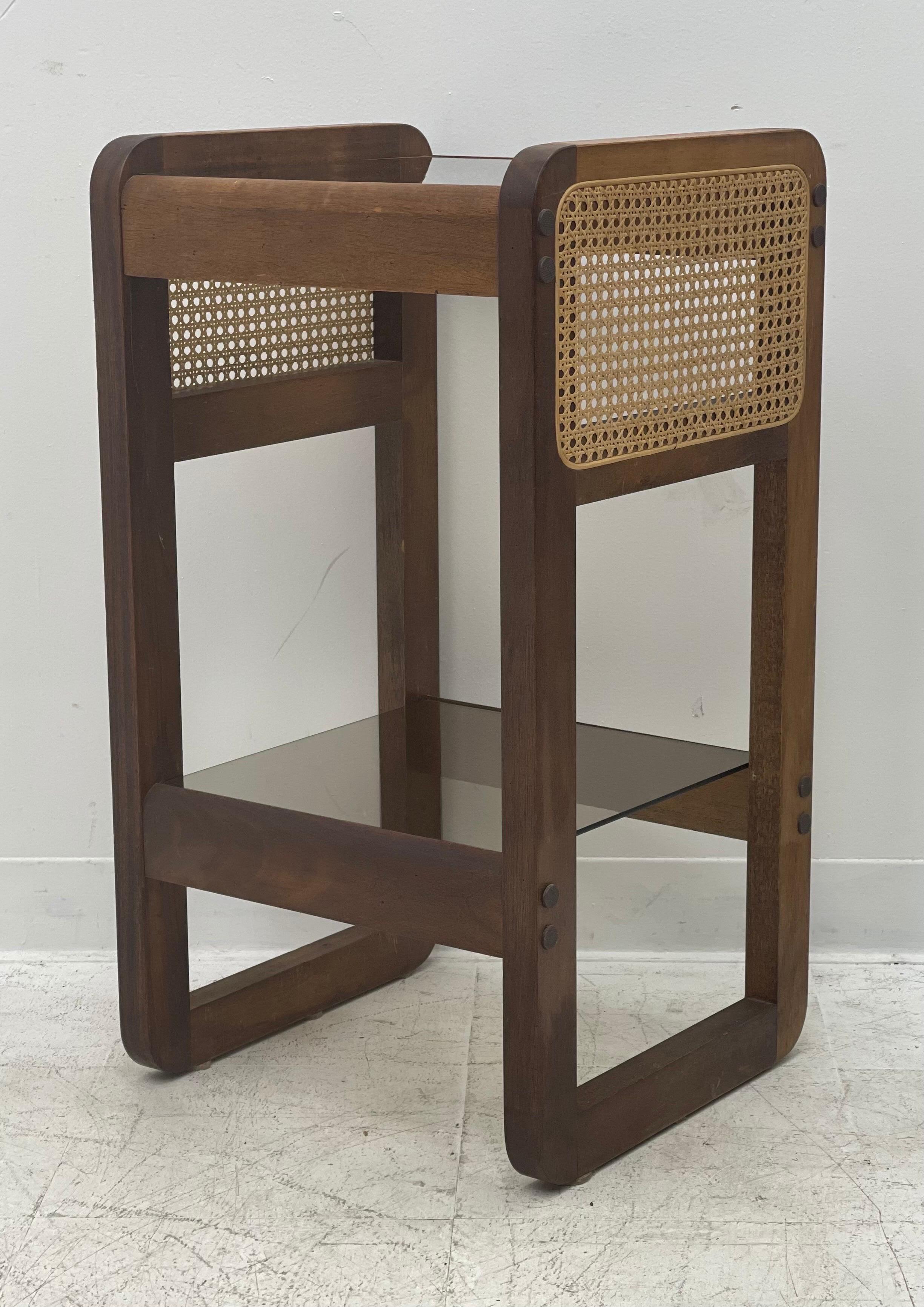 Art Deco Walnut Side Table or Bar Accent Table With Rattan and Glass Top.