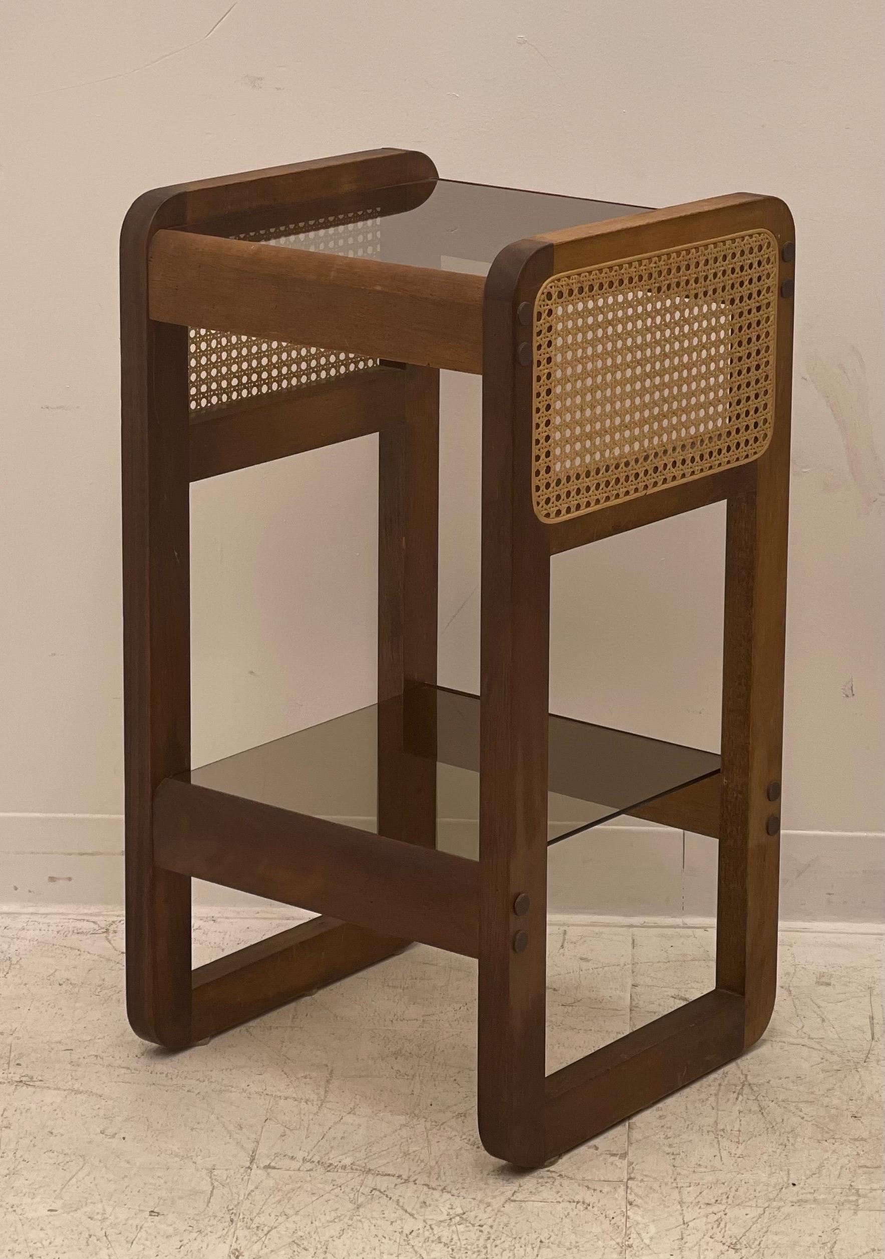 Mid-20th Century Art Deco Walnut Side Table or Bar Accent Table With Rattan and Glass Top For Sale