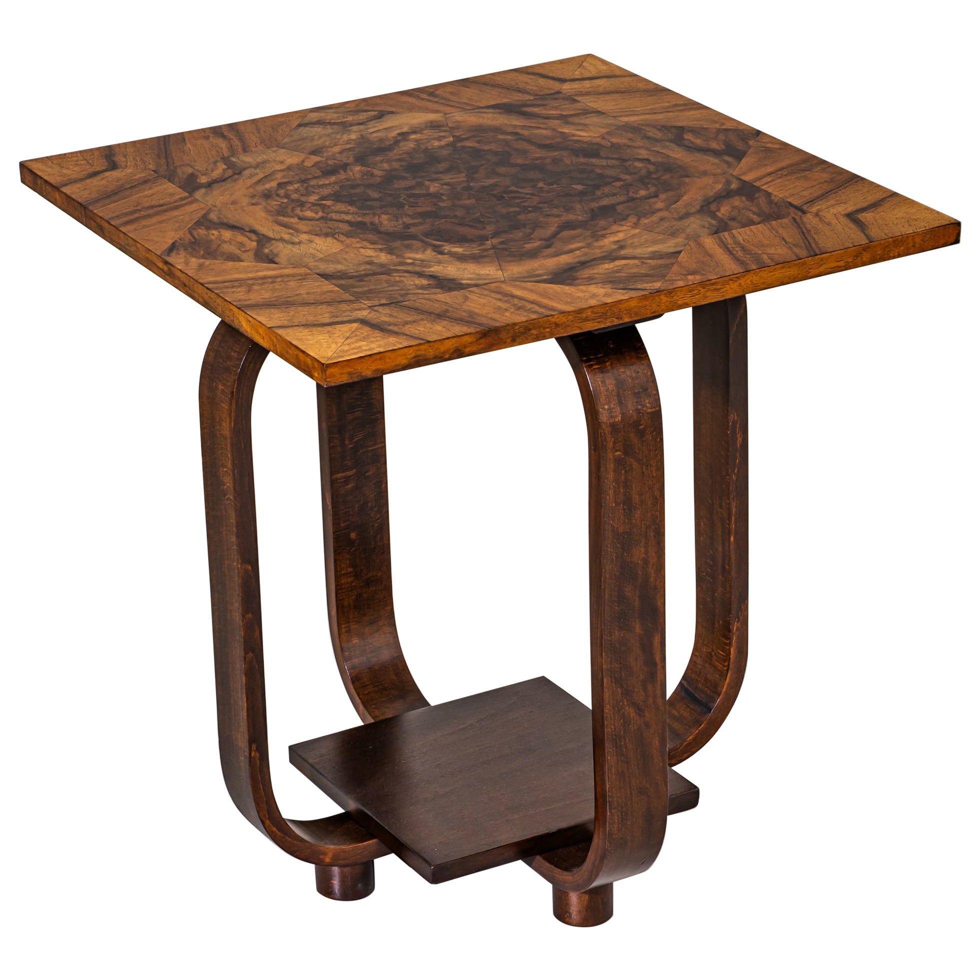 Art Deco Walnut Side Table, Star Inlay, Curved Legs, Circa 1930
