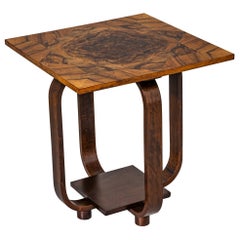 Art Deco Walnut Side Table, Star Inlay, Curved Legs, Circa 1930