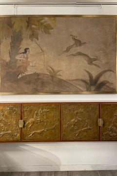 Art Deco Walnut Sideboard-Cabinet With Gilded Stucco On Doors