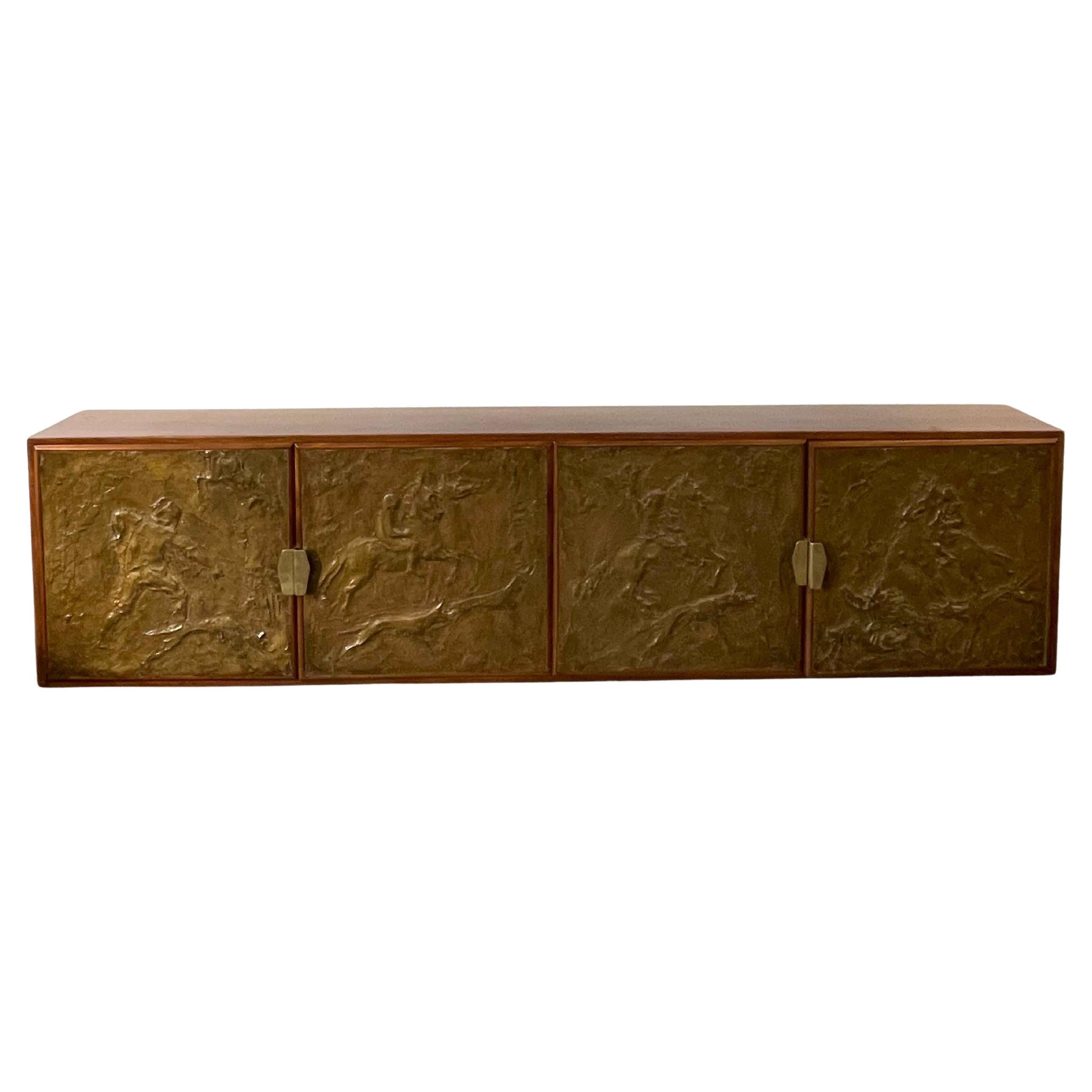 Art Deco Walnut Sideboard-Cabinet With Gilded Stucco On Doors in vendita