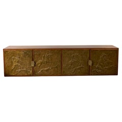Art Deco Walnut Sideboard-Cabinet With Gilded Stucco On Doors