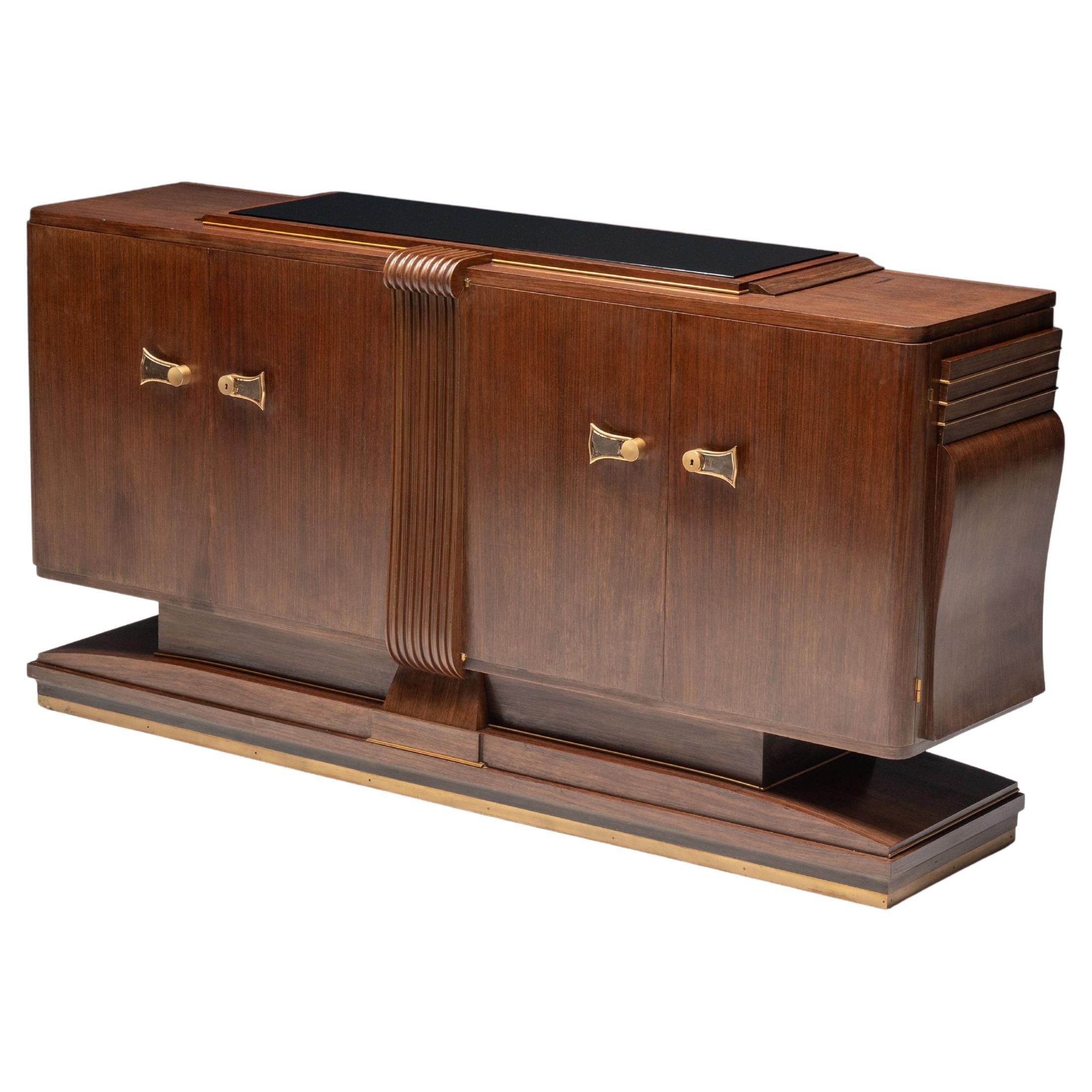 Art Deco Walnut Sideboard with Brass Details and Sculptural Base, France, 1930s For Sale