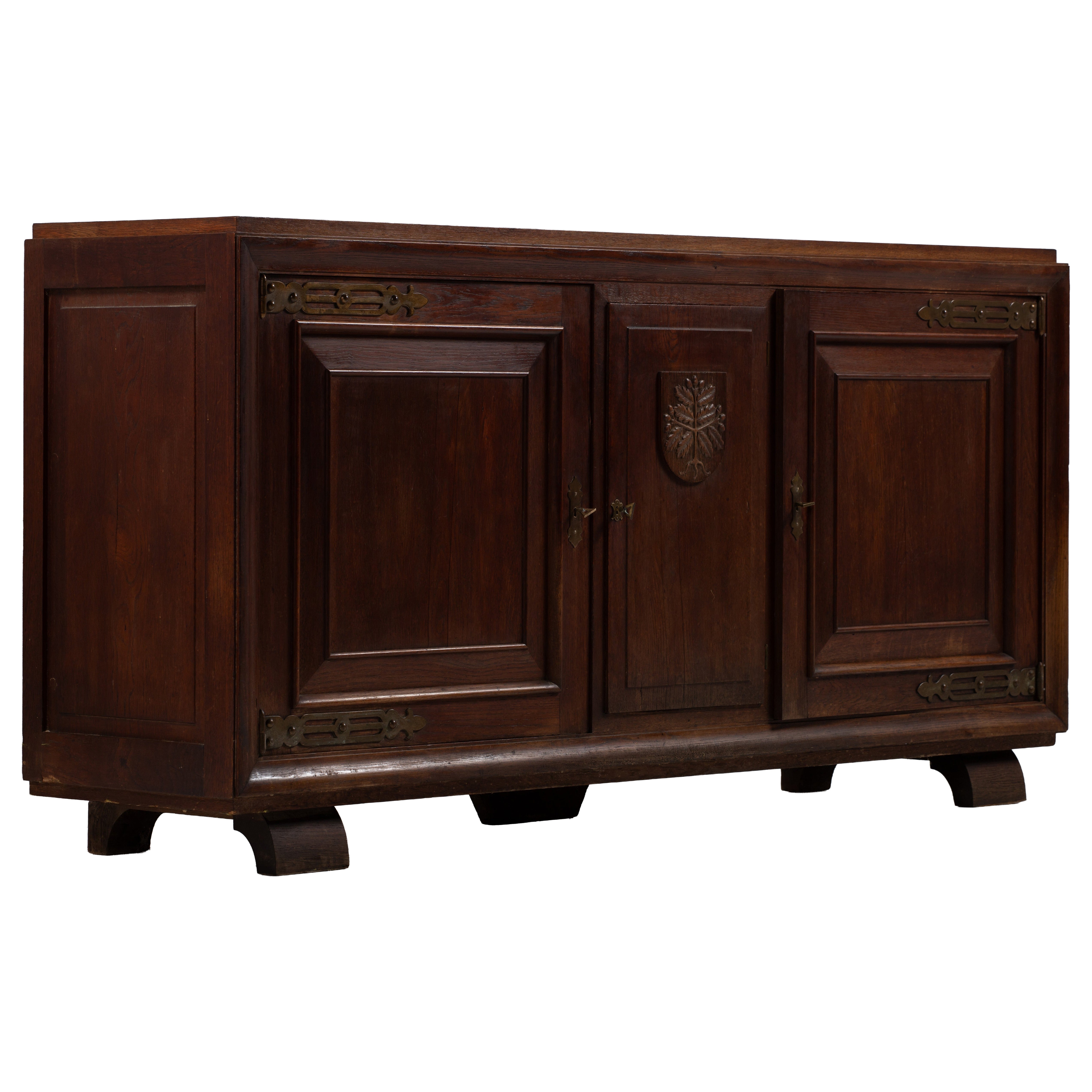 Art Deco Walnut Sideboard with Brass Hardware, France, 1930s For Sale