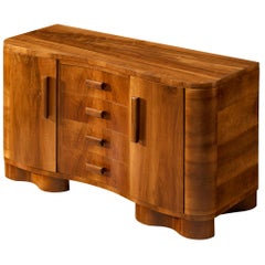 Art Deco Walnut Sideboard with Curved Front and Sculptural Base
