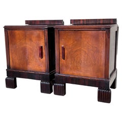 Art Deco Walnut Slab Side Cabinets or Nightstands with Carved Base, 1930s
