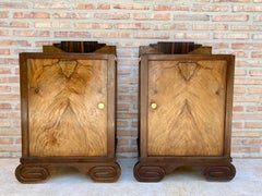 Art Deco Walnut Slab Side Cabinets or Nightstands with Carved Base, 1930s, Set o