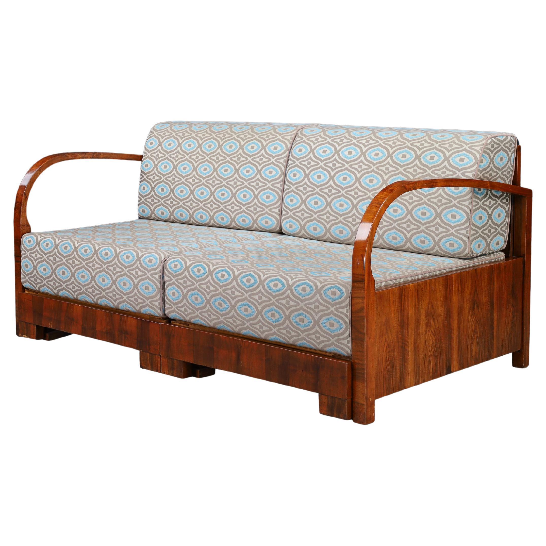 Art Deco Walnut Sofa with Pull-Out Daybed Function, Prague, 1930s For Sale