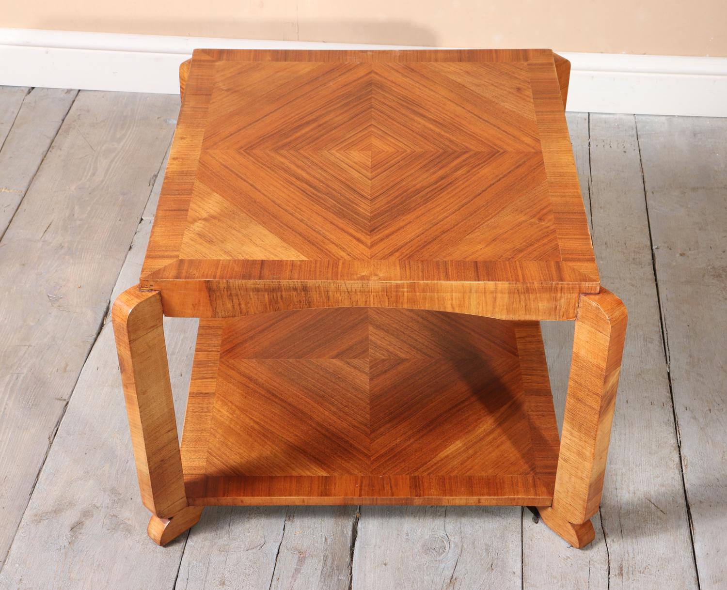 Art Deco Walnut Square Coffee Table, circa 1930 1