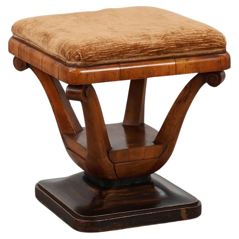 Art-Deco-Hocker aus Nussbaumholz mit Originalstoff, Italien 1920er Jahre