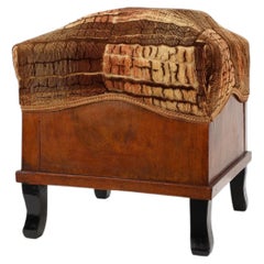 Art Deco walnut stool with original velvet upholstery, Italy 1920s