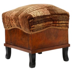 Art Deco walnut stool with original velvet upholstery, Italy 1920s
