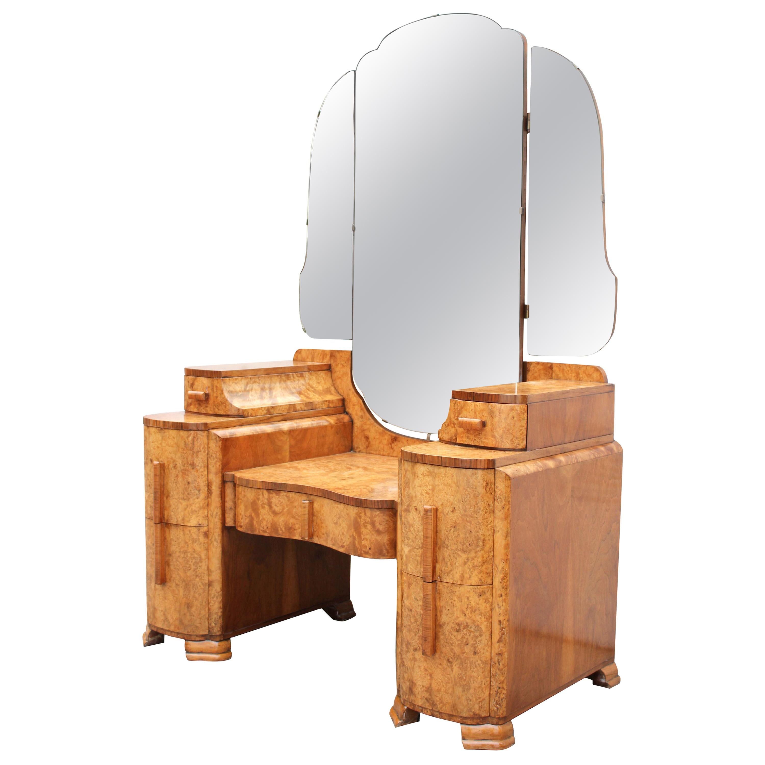 Art Deco Walnut Triple Mirror Dressing Table, circa 1930