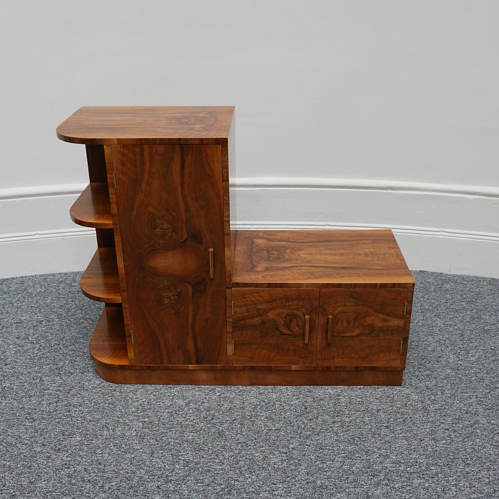 English Art Deco Walnut Two Tiered Cabinet with Open Shelving