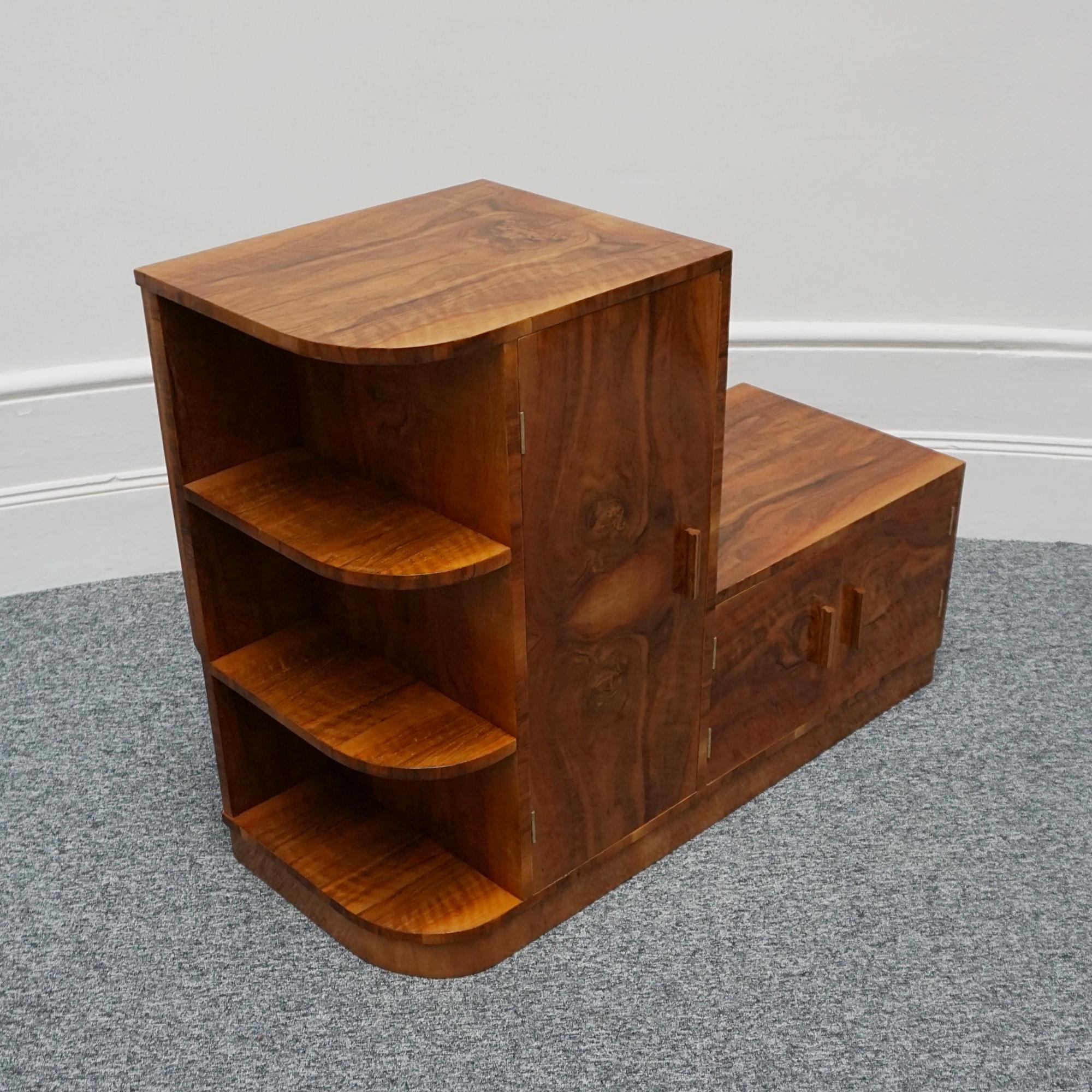 Art Deco Walnut Two Tiered Cabinet with Open Shelving 4