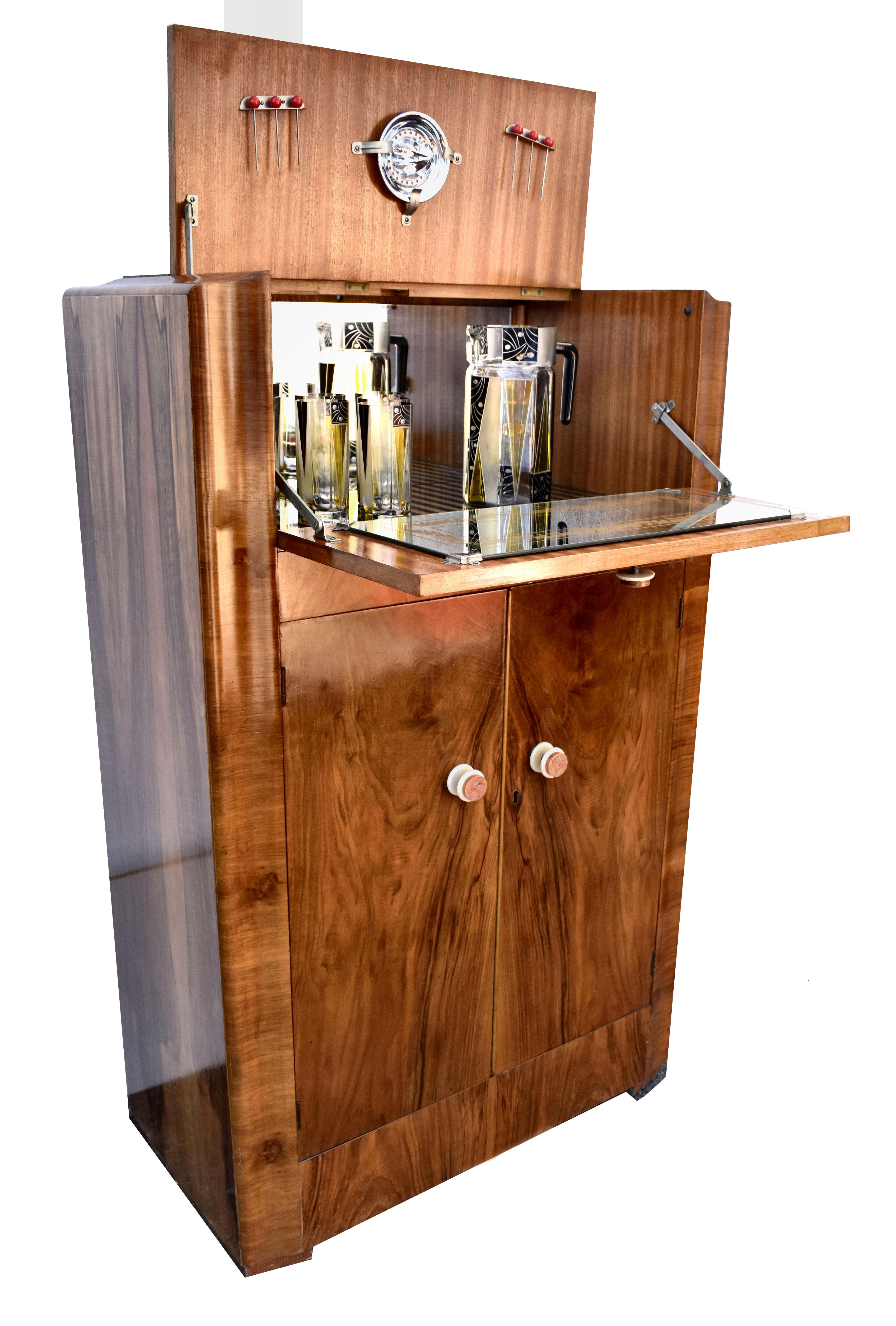 Art Deco Walnut Upright Cocktail Cabinet, Dry Bar, 1930's 5
