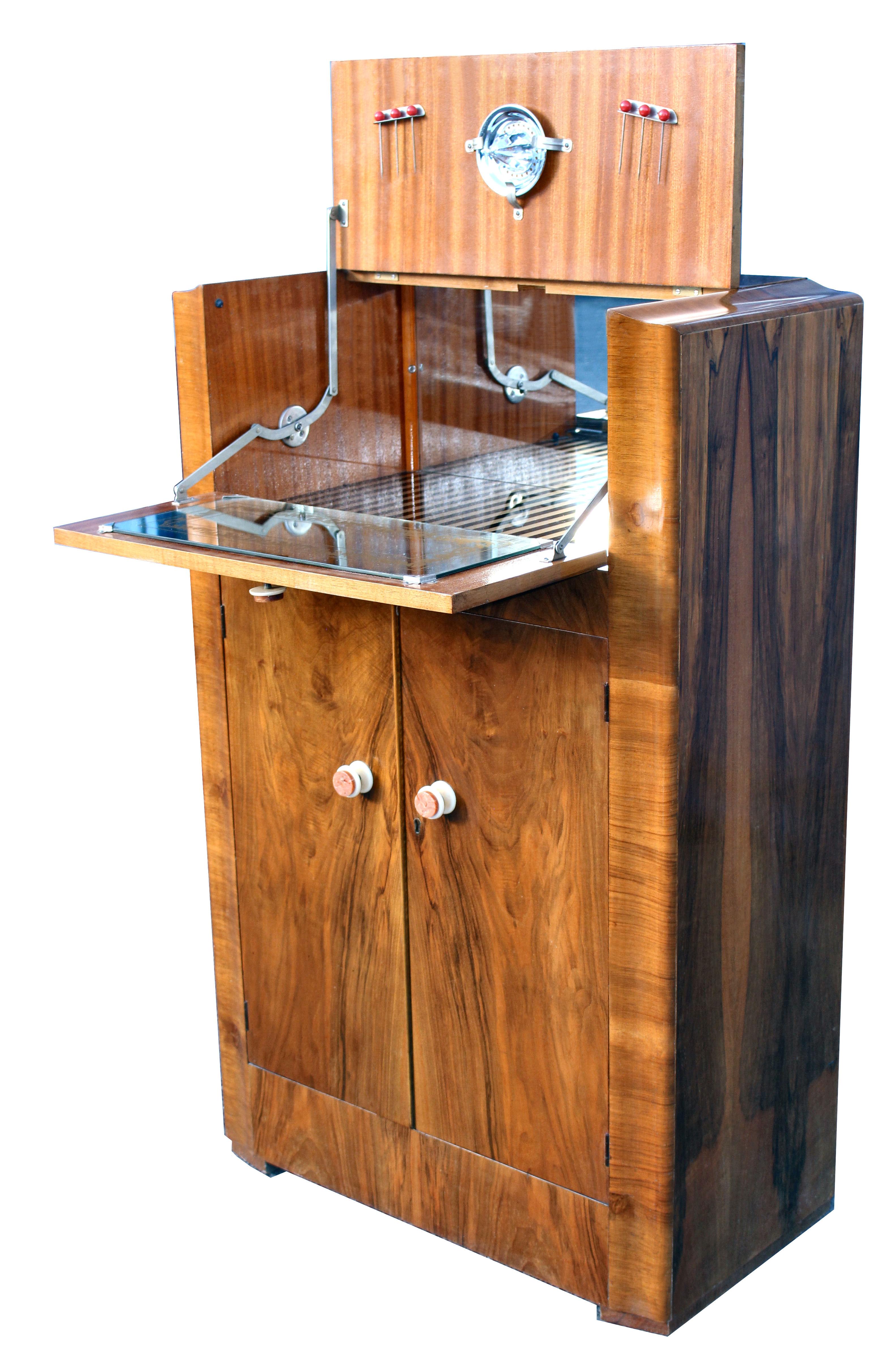 English Art Deco Walnut Upright Cocktail Cabinet, Dry Bar, 1930's