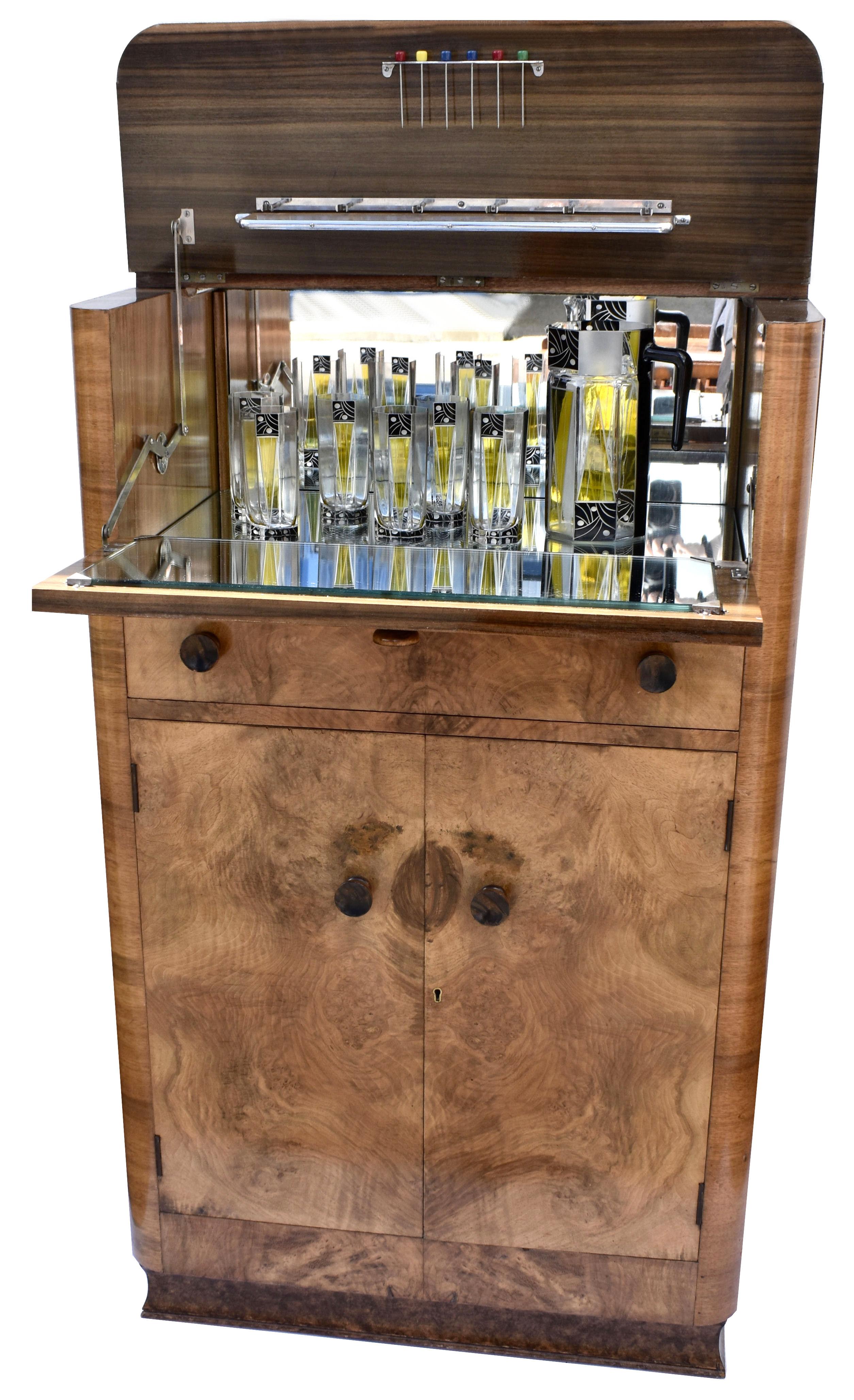 Art Deco Walnut Upright Cocktail Cabinet, Dry Bar, 1930's In Good Condition In Devon, England