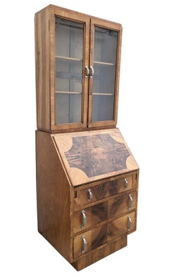 Art Deco Walnut Upright Glazed Bookcase Bureau, England, c1930